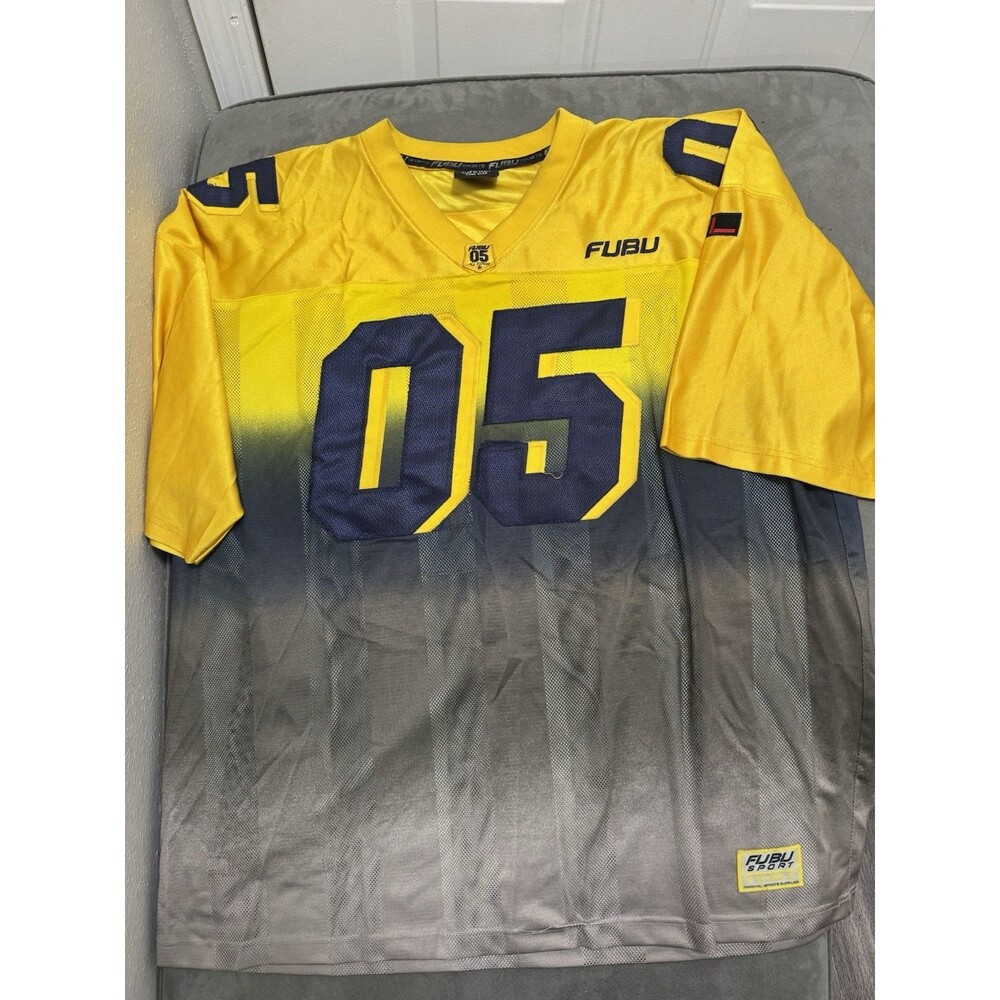 Vintage FUBU Football Jersey Mens 3XL Yellow Navy Streetwear 90s Y2K